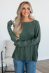 Waffle Knit Drop Shoulder Wide Crewneck Banded Hem Loose Fit Top